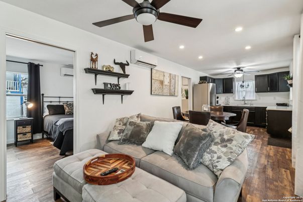 Bedroom, Dining room, Interior, Kitchen, Living room, Recessed Lighting, Wood Texture Flooring