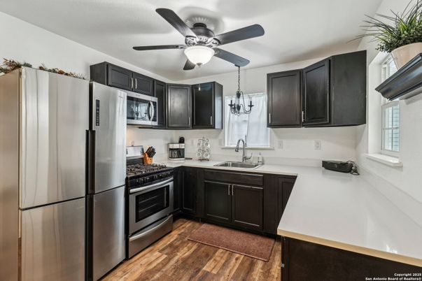 Chandelier, Interior, Kitchen, Stainless Steel Appliances, Wood Texture Flooring
