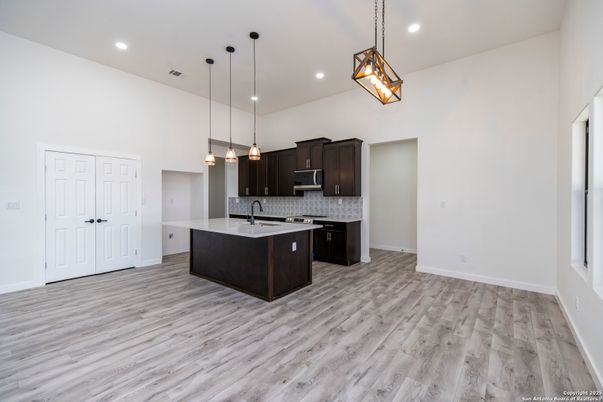 Interior, Kitchen, Pendant Lights, Recessed Lighting, Wood Texture Flooring