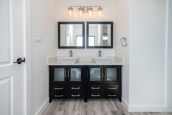 Bathroom, Dual Sink Vanities, Interior, Wood Texture Flooring