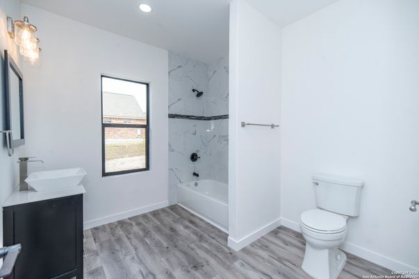 Bathroom, Interior, Marble Walls, Recessed Lighting, Wood Texture Flooring