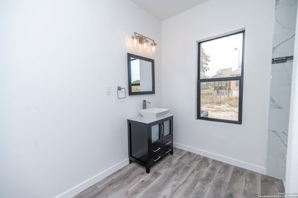 Bathroom, Interior, Marble Walls, Wood Texture Flooring