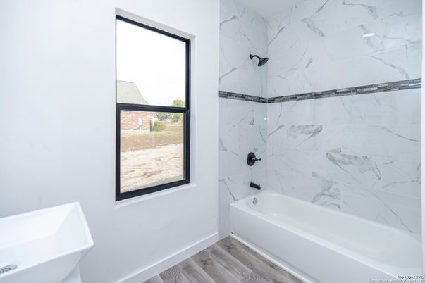 Bathroom, Interior, Marble Walls, Wood Texture Flooring