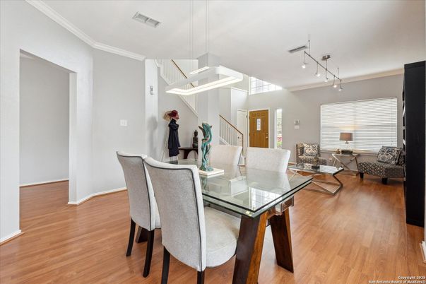 Dining room, Interior, Living room, Pendant Lights, Wood Texture Flooring