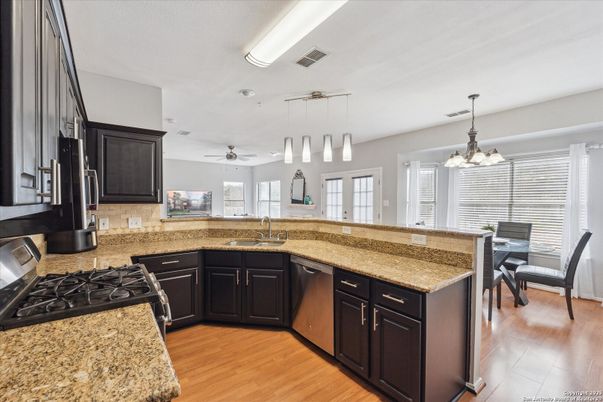Dining room, Interior, Kitchen, Pendant Lights, Wood Texture Flooring