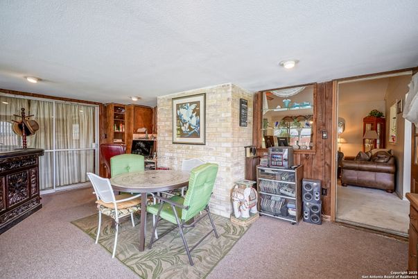 Dining room, Fireplace, Interior, Recessed Lighting, Stone Walls