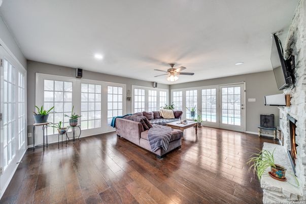 Fireplace, Interior, Living room, Recessed Lighting, Wood Texture Flooring