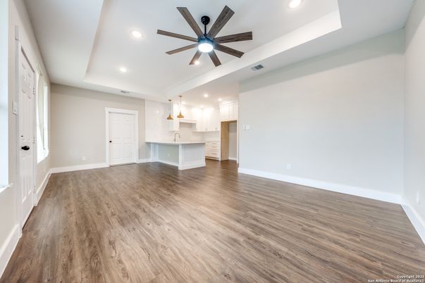 Empty room, Interior, Kitchen, Pendant Lights, Recessed Lighting, Wood Texture Flooring