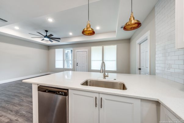 Interior, Kitchen, Pendant Lights, Recessed Lighting, Wood Texture Flooring