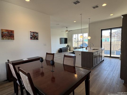 Dining room, Interior, Kitchen, Pendant Lights, Recessed Lighting, Wood Texture Flooring