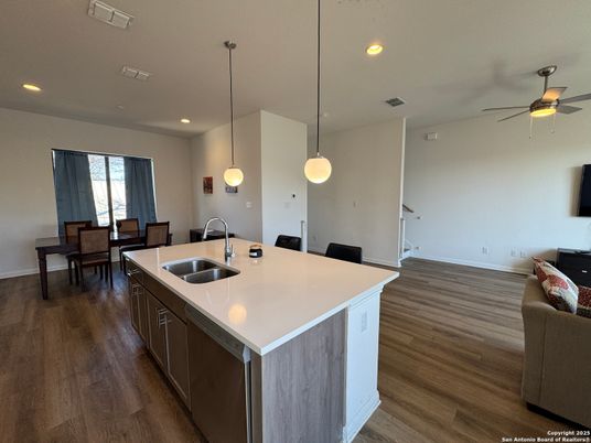 Dining room, Interior, Kitchen, Pendant Lights, Recessed Lighting, Wood Texture Flooring