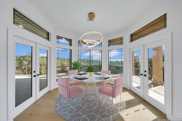 Dining room, Interior, Pendant Lights, Sun Room, Wood Texture Flooring