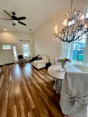 Chandelier, Dining room, Interior, Living room, Recessed Lighting, Wood Texture Flooring