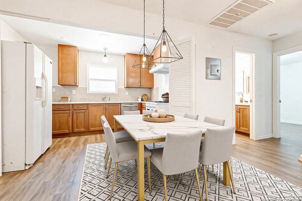 Dining room, Interior, Kitchen, Pendant Lights, Wood Texture Flooring