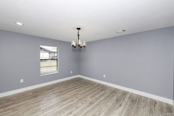 Chandelier, Empty room, Interior, Recessed Lighting, Wood Texture Flooring