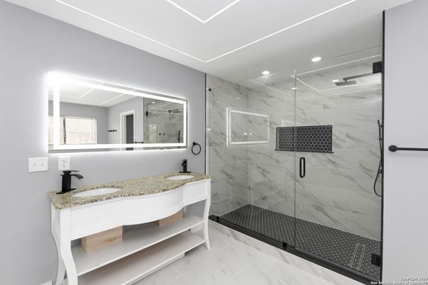 Bathroom, Glass Shower, Interior, Marble, Marble Walls, Recessed Lighting