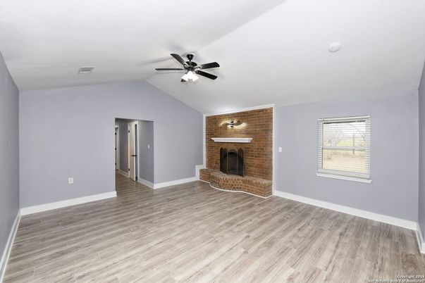 Empty room, Fireplace, Interior, Stone Walls, Wood Texture Flooring