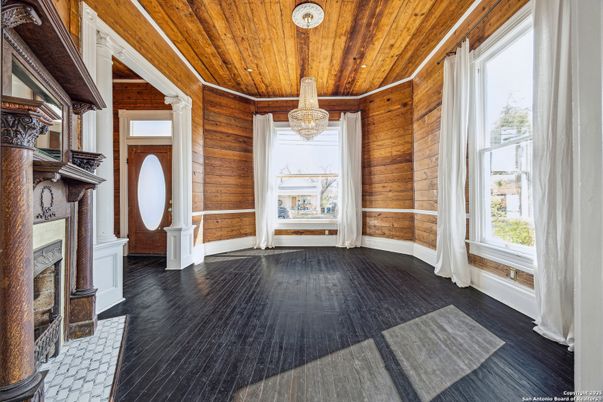 Chandelier, Empty room, Fireplace, Interior, Wooden Ceilings, Wood Texture Flooring, Wooden Walls