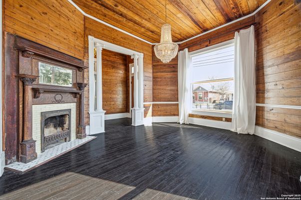Chandelier, Empty room, Fireplace, Interior, Wooden Ceilings, Wood Texture Flooring, Wooden Walls