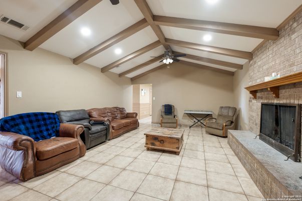 Fireplace, Interior, Living room, Recessed Lighting, Stone Walls, Wooden Beams