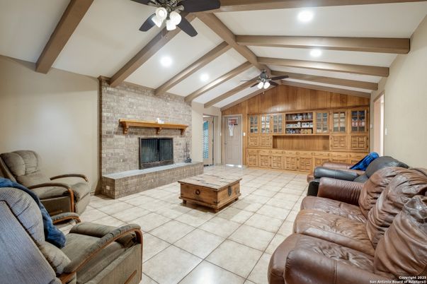 Fireplace, Interior, Living room, Recessed Lighting, Stone Walls, Wooden Beams