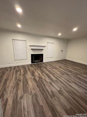 Empty room, Fireplace, Interior, Recessed Lighting, Wood Texture Flooring