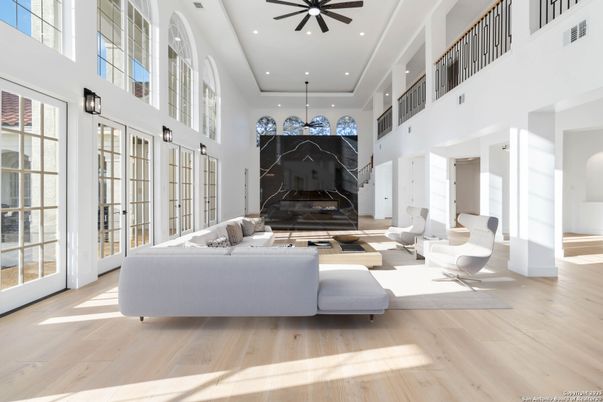 Fireplace, Interior, Living room, Pendant Lights, Recessed Lighting, Wood Texture Flooring