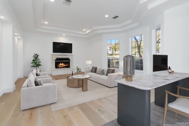 Fireplace, Interior, Living room, Recessed Lighting, Wood Texture Flooring