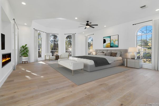 Bedroom, Fireplace, Interior, Recessed Lighting, Wood Texture Flooring
