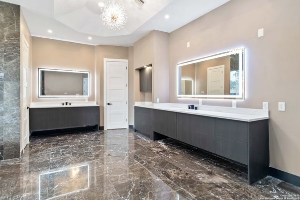Bathroom, Chandelier, Dual Sink Vanities, Interior, Marble, Recessed Lighting