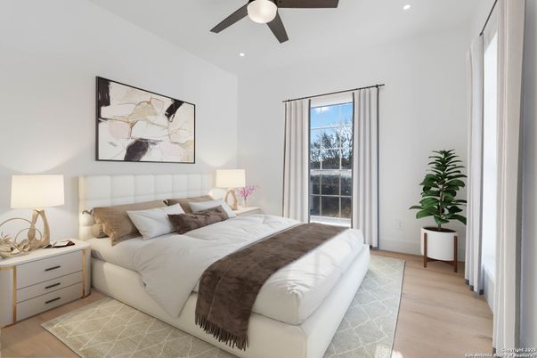 Bedroom, Interior, Recessed Lighting, Wood Texture Flooring