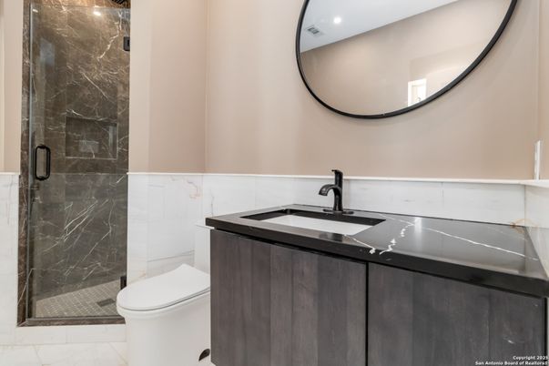 Bathroom, Glass Shower, Interior, Marble Walls, Recessed Lighting