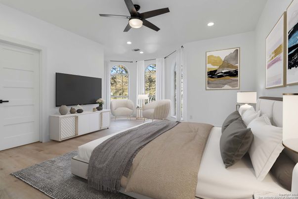 Bedroom, Interior, Recessed Lighting, Wood Texture Flooring