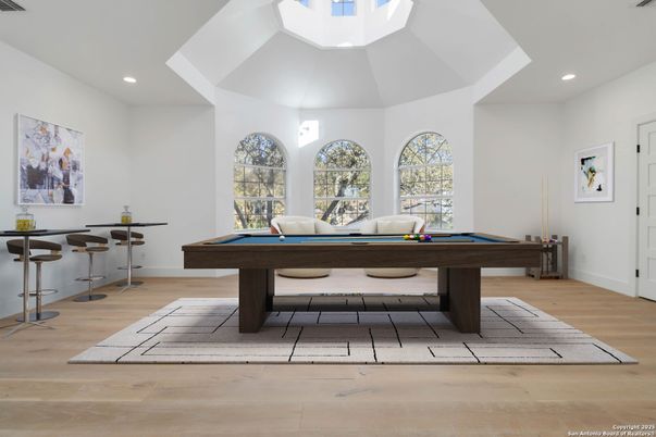 Billiard Table, Game Room, Interior, Recessed Lighting, Wood Texture Flooring