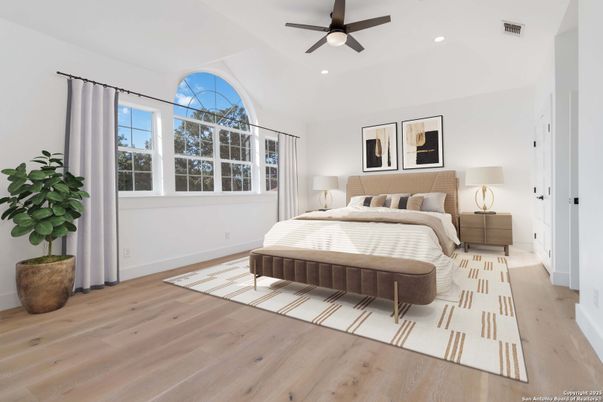 Bedroom, Interior, Recessed Lighting, Wood Texture Flooring