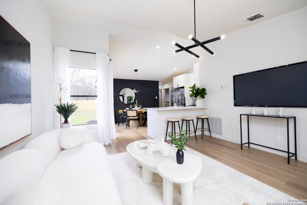 Interior, Kitchen, Living room, Pendant Lights, Recessed Lighting, Wood Texture Flooring