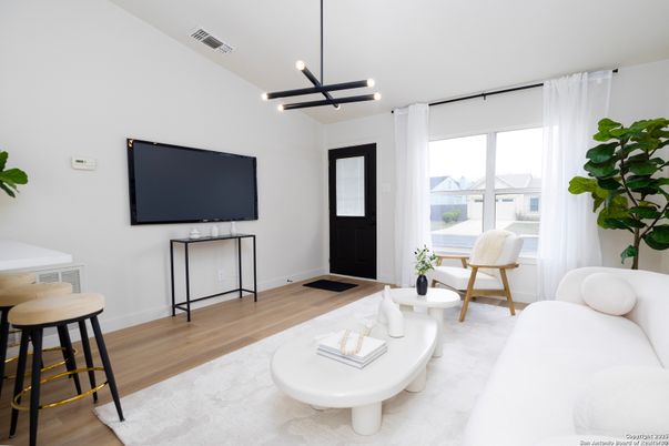 Interior, Living room, Pendant Lights, Wood Texture Flooring