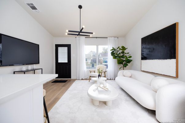Interior, Living room, Pendant Lights, Wood Texture Flooring