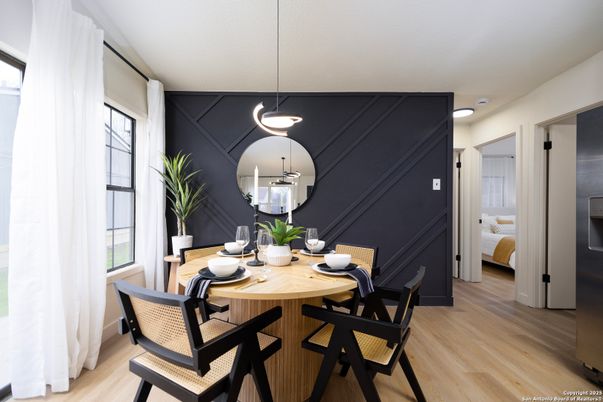 Dining room, Interior, Pendant Lights, Wood Texture Flooring