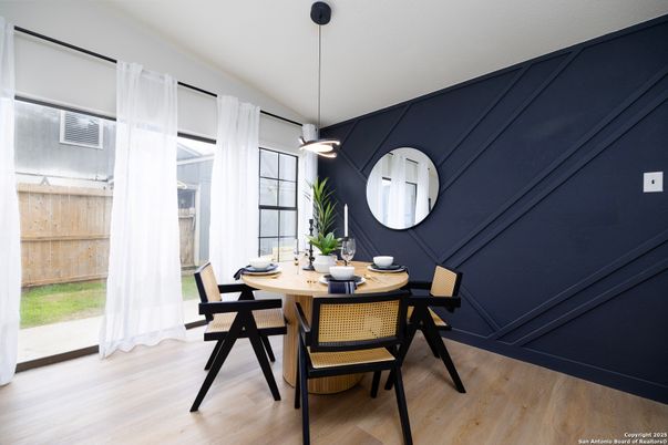 Dining room, Interior, Pendant Lights, Wood Texture Flooring