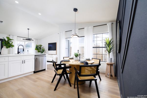 Dining room, Interior, Kitchen, Pendant Lights, Recessed Lighting, Wood Texture Flooring