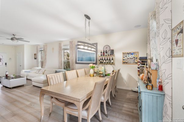 Dining room, Interior, Living room, Pendant Lights, Wood Texture Flooring