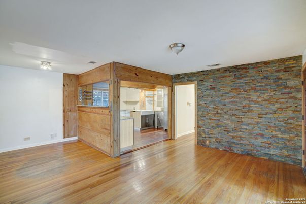 Empty room, Interior, Kitchen, Stone Walls, Wood Texture Flooring