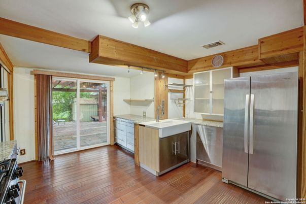 Interior, Kitchen, Stainless Steel Appliances, Wooden Beams, Wood Texture Flooring