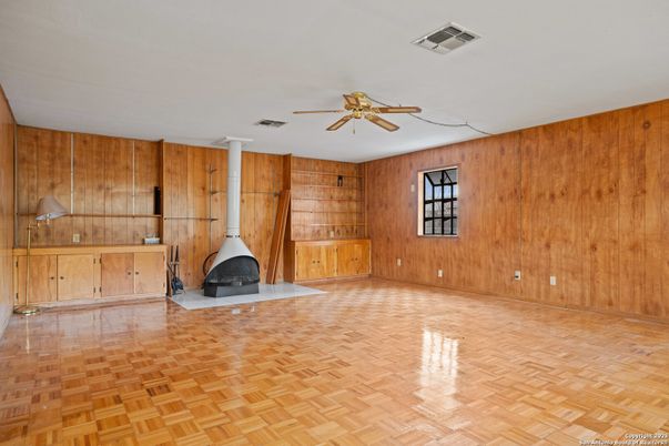 Empty room, Fireplace, Interior, Wood Texture Flooring, Wooden Walls
