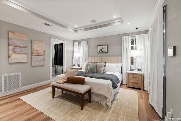 Bedroom, Interior, Recessed Lighting, Wood Texture Flooring