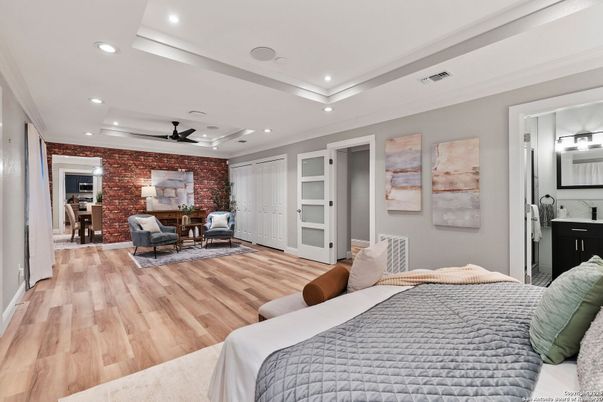 Bedroom, Interior, Recessed Lighting, Stone Walls, Wood Texture Flooring