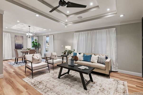 Chandelier, Dining room, Interior, Living room, Recessed Lighting, Wood Texture Flooring