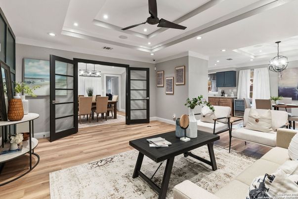 Dining room, Interior, Living room, Pendant Lights, Recessed Lighting, Wood Texture Flooring