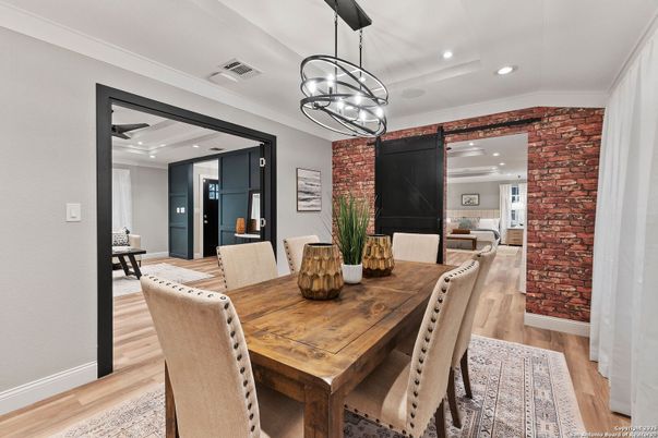 Dining room, Interior, Pendant Lights, Recessed Lighting, Stone Walls, Wood Texture Flooring